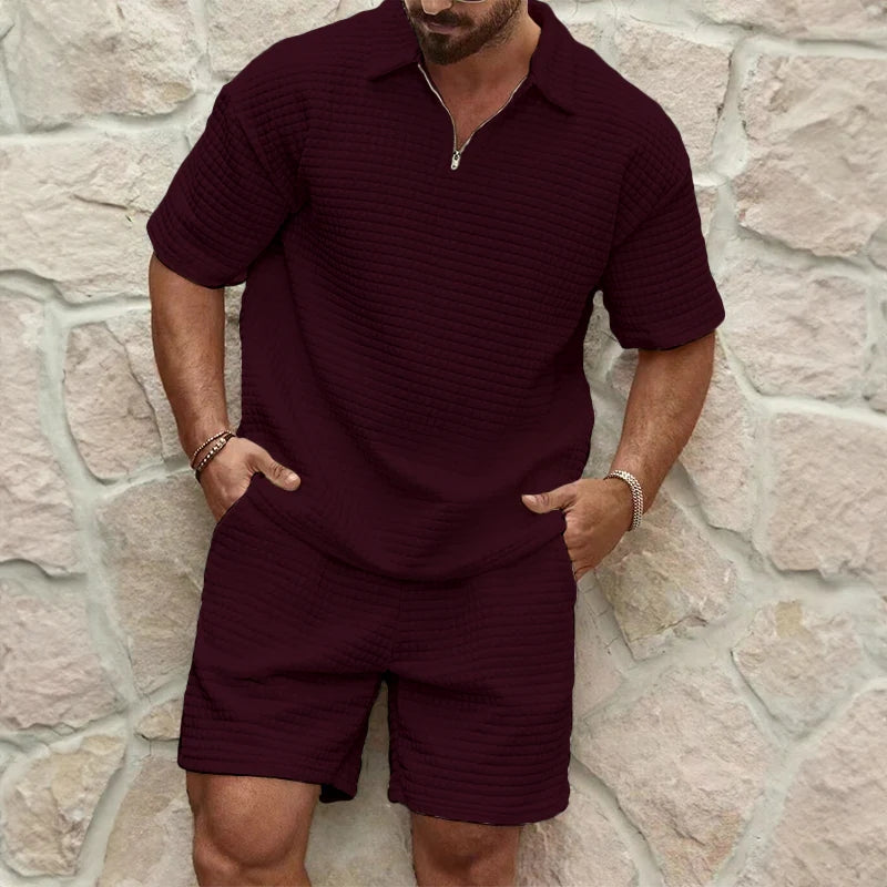 Herren-Set aus kurzärmligem Hemd und Shorts mit Reißverschlusskragen
