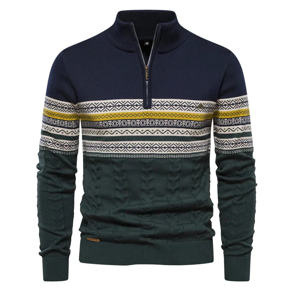 Herren-Winterpullover mit halbem Reißverschluss und Jacquard-Strickmuster