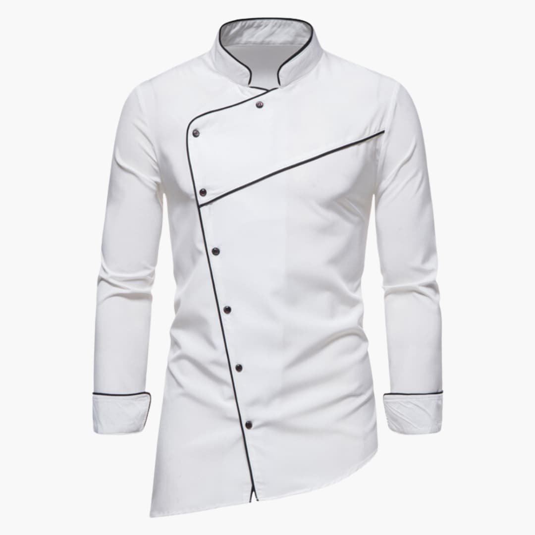 Men's casual shirt with asymmetrical button placket and stand-up collar