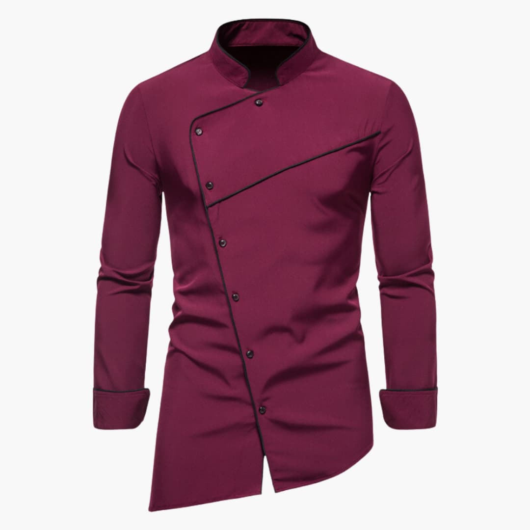 Men's casual shirt with asymmetrical button placket and stand-up collar