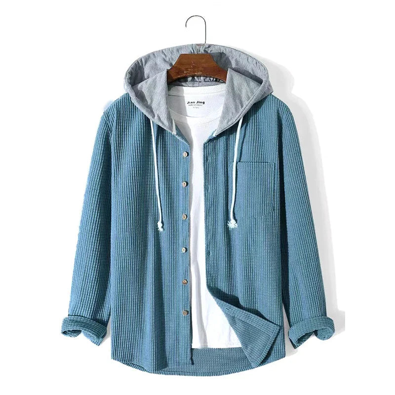 Herren Hemdjacke mit Kapuze Knopfverschluss und Brusttasche