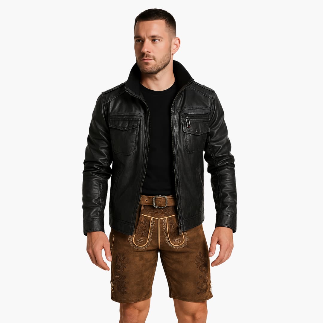 Herren Lederhosen Shorts mit besticktem Latz und Seitenknöpfen
