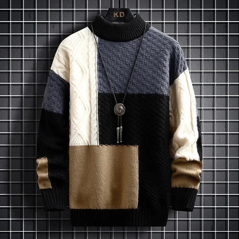 Herren Strickpullover mit Stehkragen und Patchwork-Muster