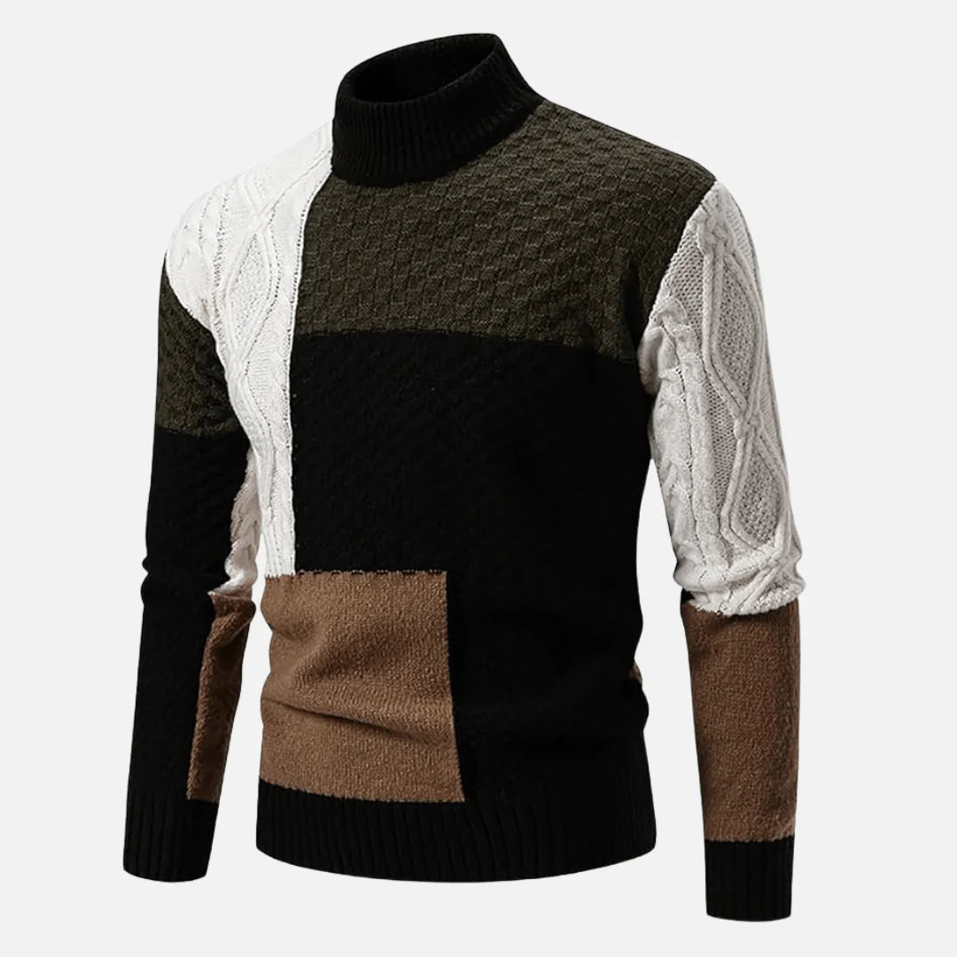 Herren Strickpullover mit Stehkragen und Patchwork-Muster