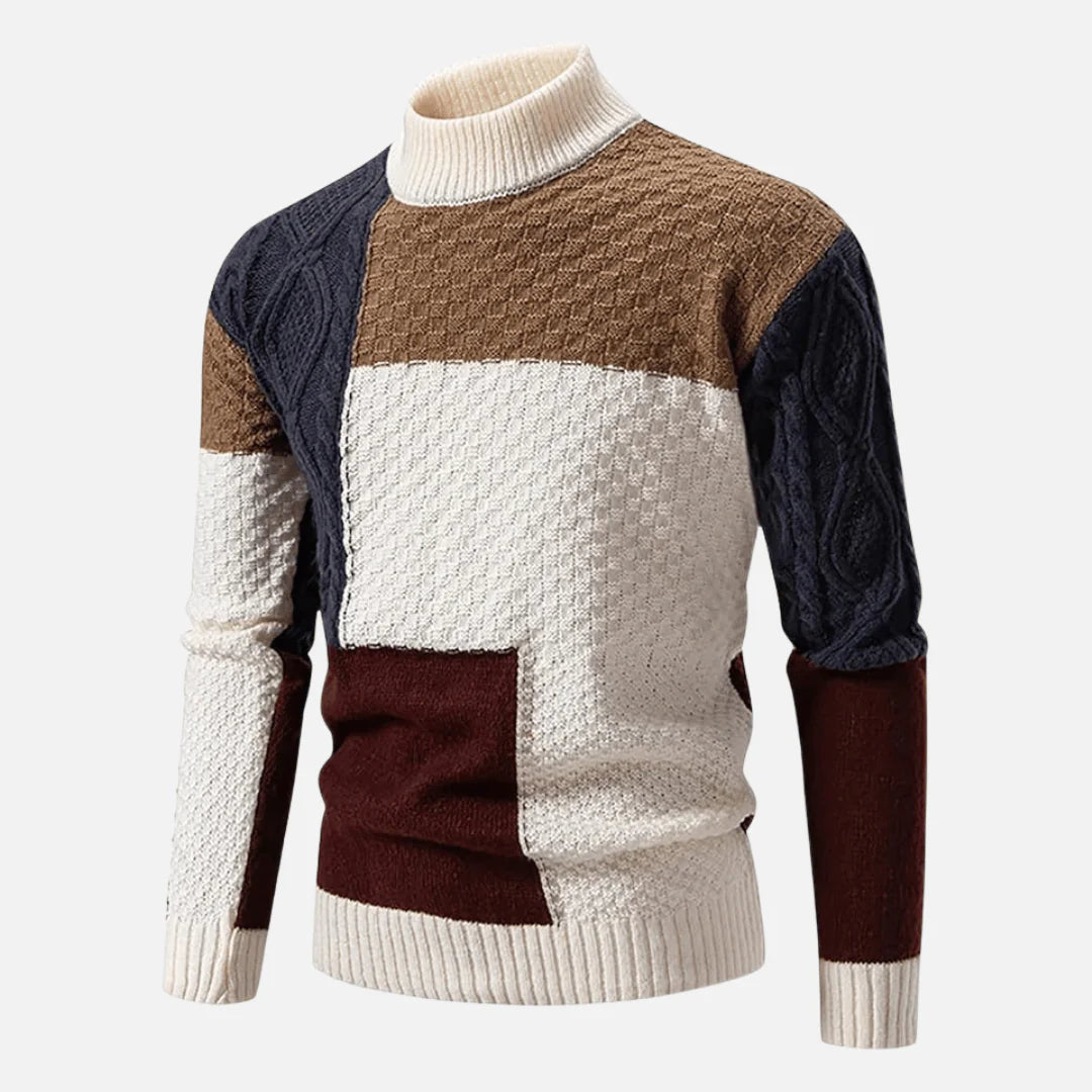 Herren Strickpullover mit Stehkragen und Patchwork-Muster