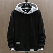 Herrenpullover im Lagenlook mit Kapuze und Kordelzug