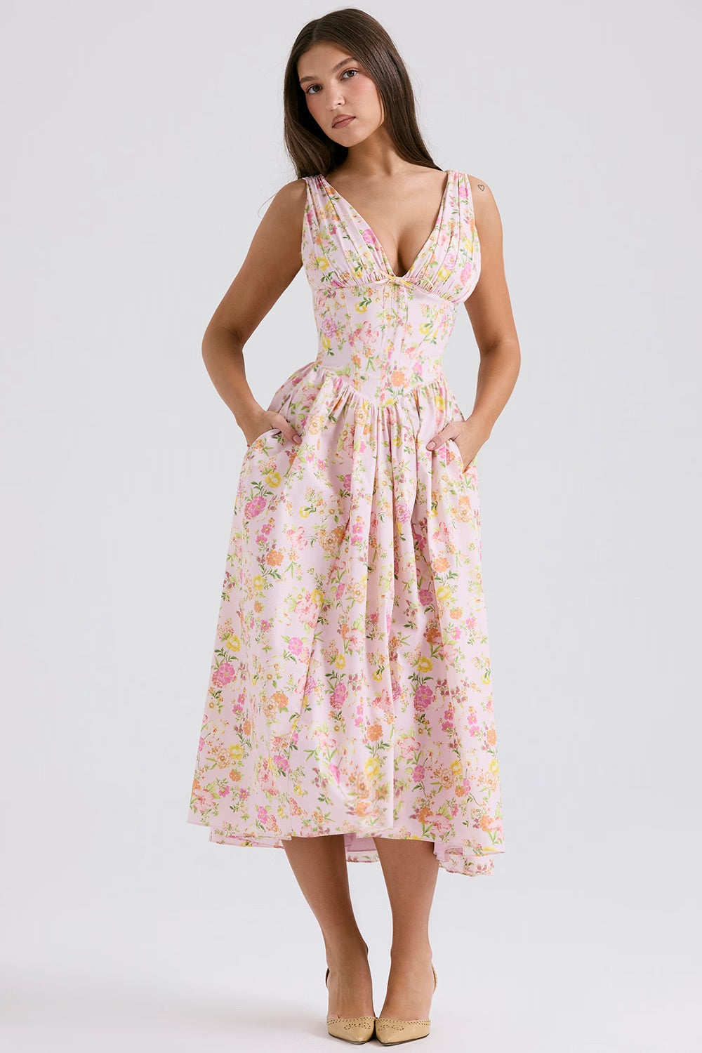 Ärmelloses Midikleid aus Baumwolle mit Blumenmuster und Taschen für Damen
