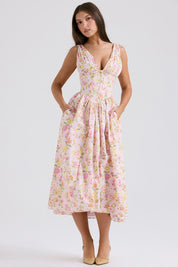 Ärmelloses Midikleid aus Baumwolle mit Blumenmuster und Taschen für Damen