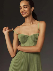 Plissiertes Midikleid für Damen mit Spaghettiträgern und hoch-tiefem Saum