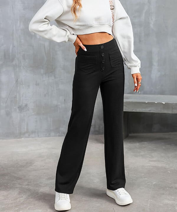 Damenhose mit hoher Taille und weitem Bein und Knopfleiste