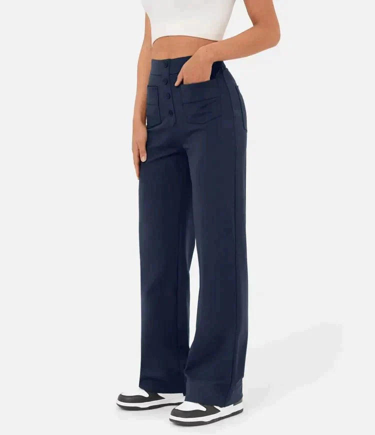 Damenhose mit hoher Taille und weitem Bein und Knopfleiste