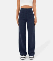 Damenhose mit hoher Taille und weitem Bein und Knopfleiste