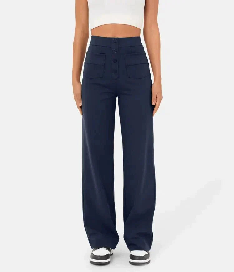Damenhose mit hoher Taille und weitem Bein und Knopfleiste