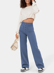 Damenhose mit hoher Taille und weitem Bein und Knopfleiste