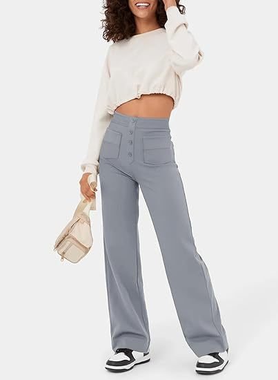 Damenhose mit hoher Taille und weitem Bein und Knopfleiste
