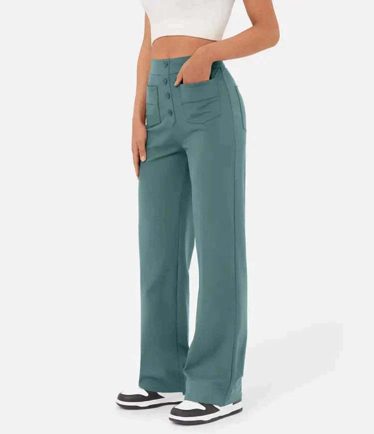 Damenhose mit hoher Taille und weitem Bein und Knopfleiste