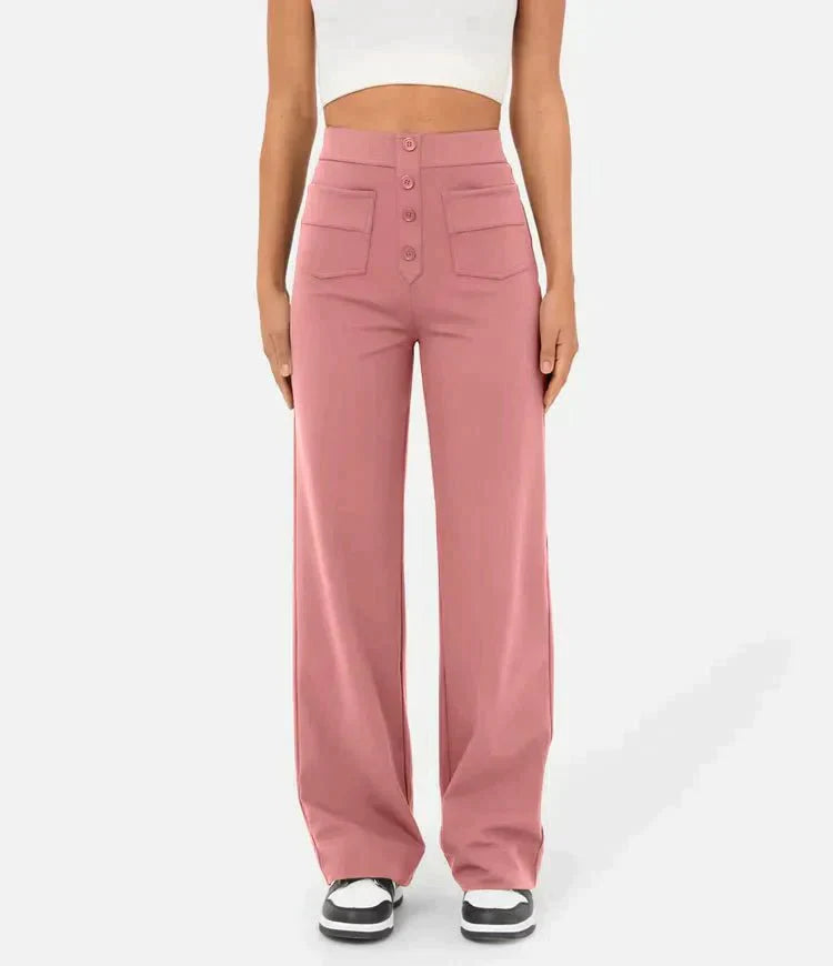 Damenhose mit hoher Taille und weitem Bein und Knopfleiste