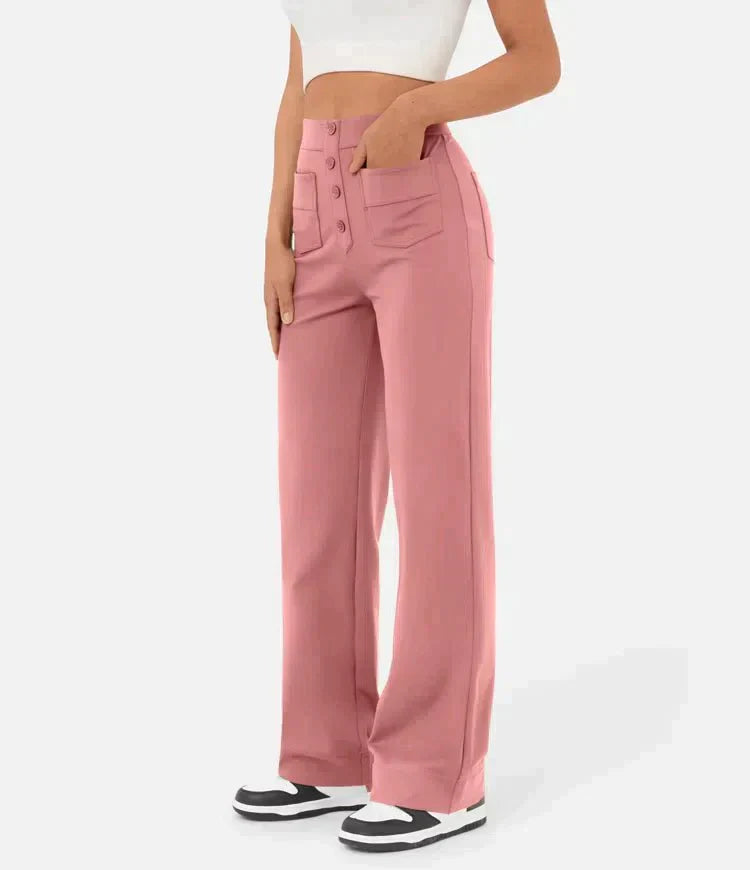 Damenhose mit hoher Taille und weitem Bein und Knopfleiste