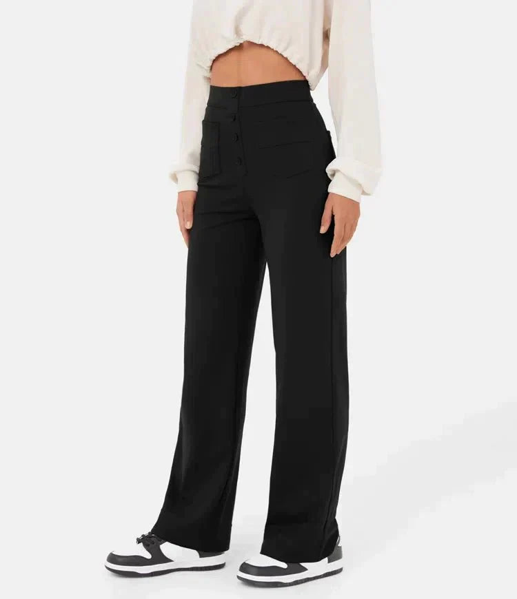 Damenhose mit hoher Taille und weitem Bein und Knopfleiste