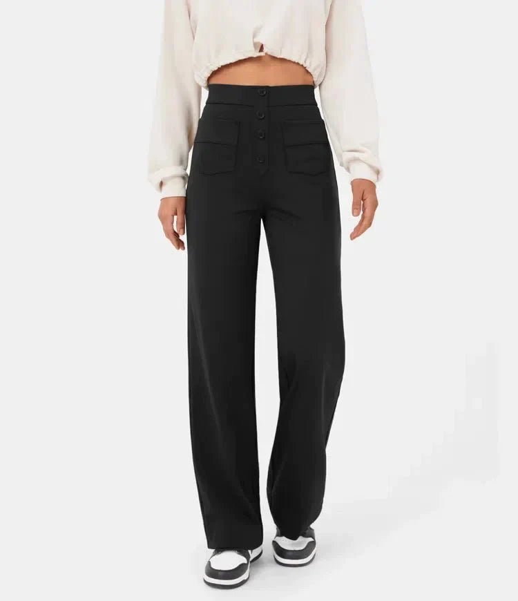 Damenhose mit hoher Taille und weitem Bein und Knopfleiste