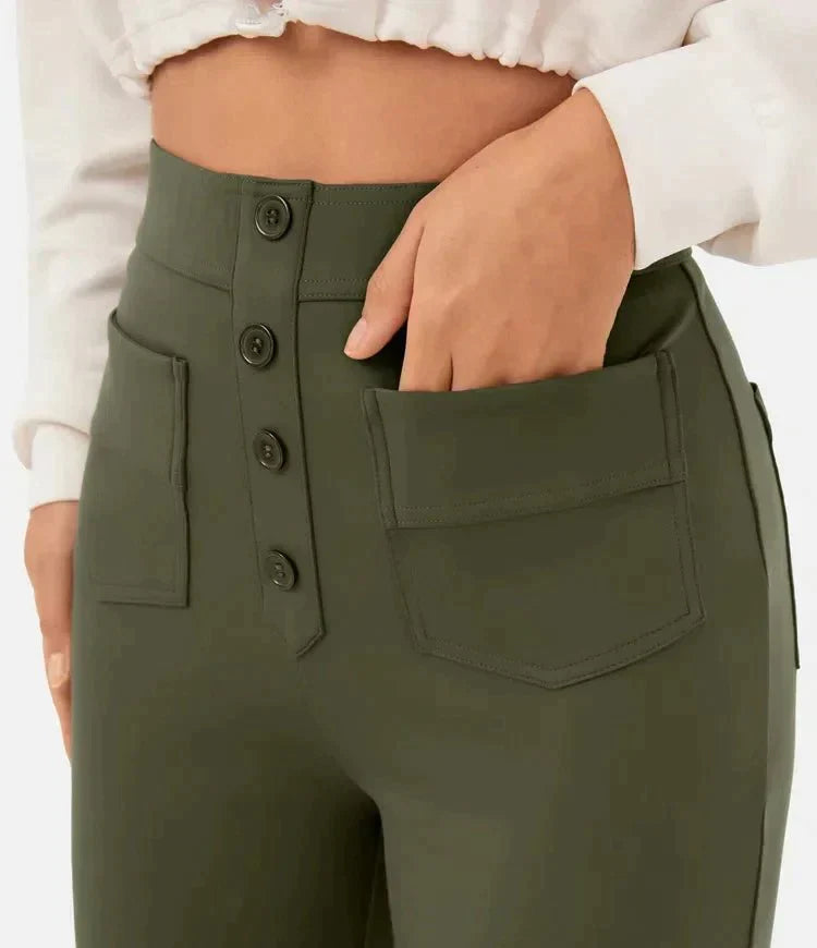Damenhose mit hoher Taille und weitem Bein und Knopfleiste