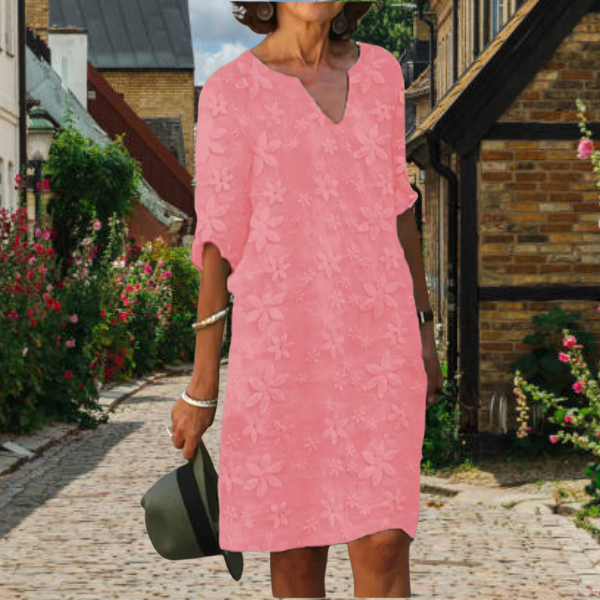 Knielanges Sommerkleid für Frauen mit Blumenmuster und V-Ausschnitt