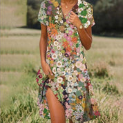 Kurzärmeliges Damen-Sommerkleid mit V-Ausschnitt und Prints
