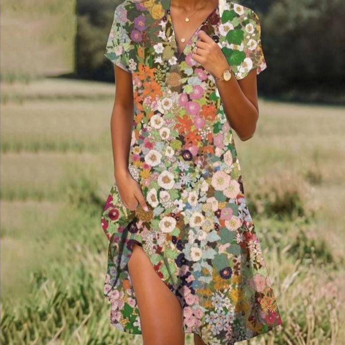 Kurzärmeliges Damen-Sommerkleid mit V-Ausschnitt und Prints