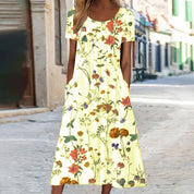 Kurzärmeliges Maxikleid mit Blumenmuster und Rundhalsausschnitt für Frauen
