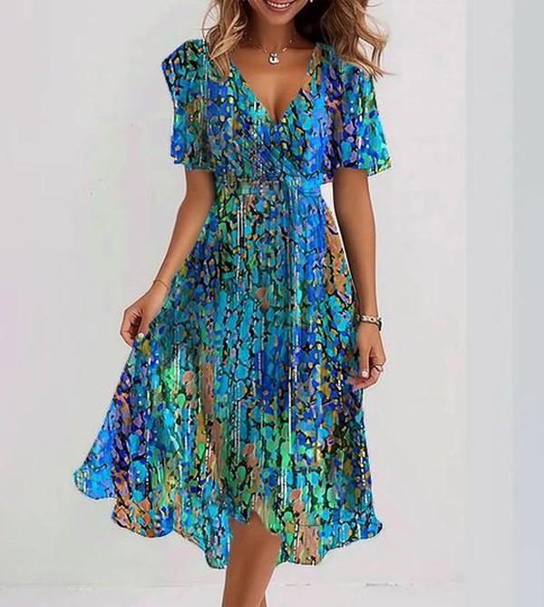 Kurzärmeliges Midikleid für Damen mit V-Ausschnitt und Blumendruck