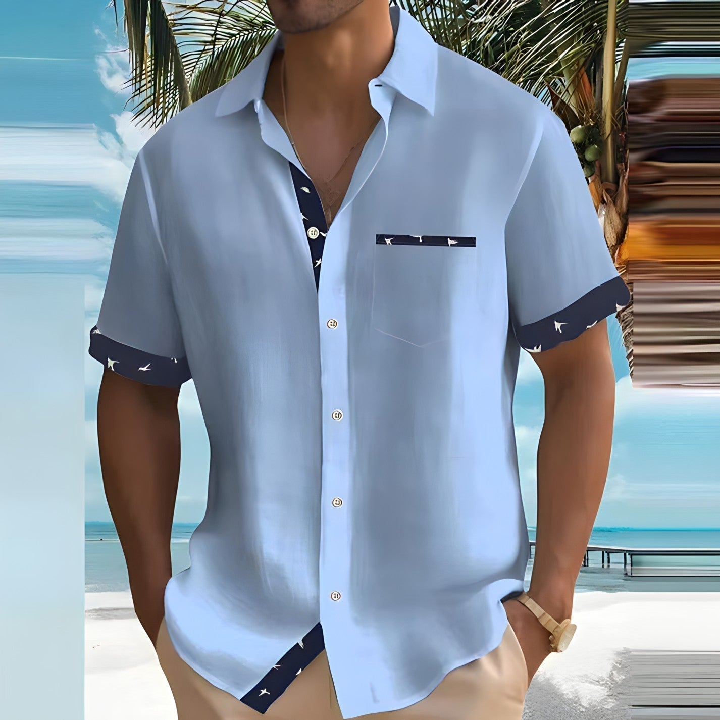 Kurzärmeliges Sommerhemd für Männer mit Kontrastbesatz und Tasche