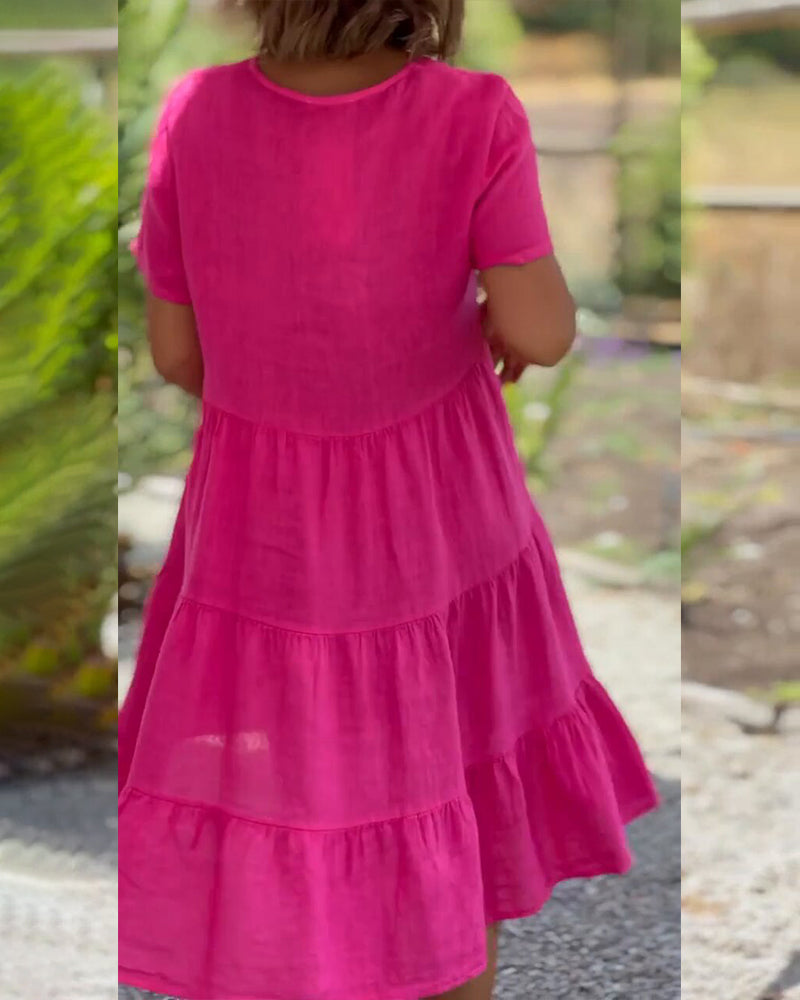 Kurzärmeliges gestuftes Sommerkleid für Frauen mit V-Ausschnitt