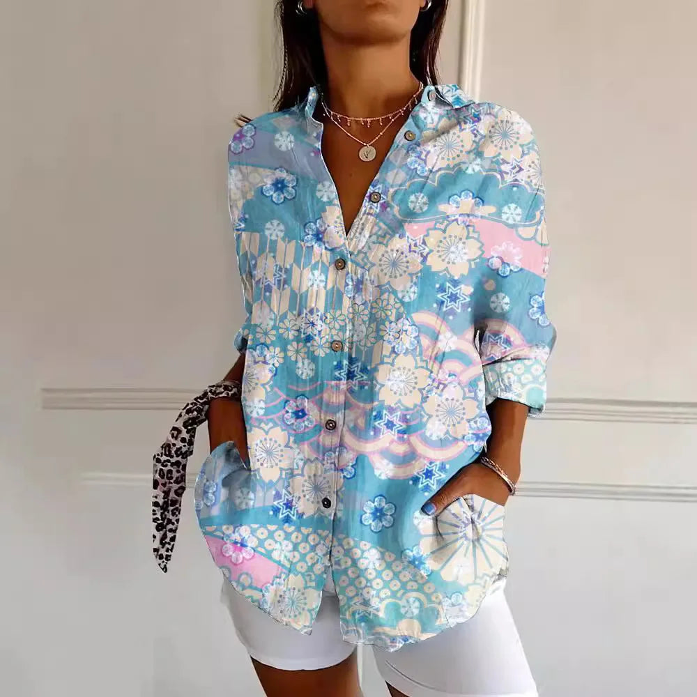 Langärmelige Damen Sommerbluse mit Druck und Knopfleiste