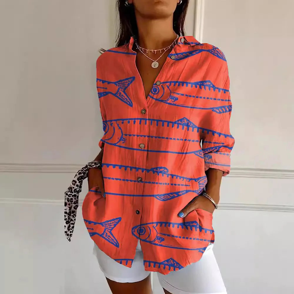 Langärmelige Damen Sommerbluse mit Druck und Knopfleiste