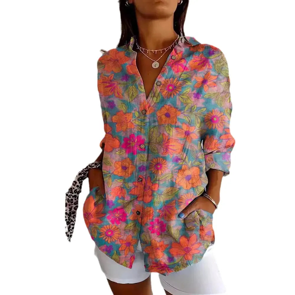 Langärmelige Damen Sommerbluse mit Druck und Knopfleiste