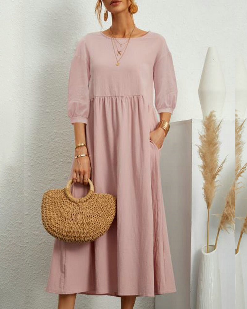 Lässiges Midikleid für Damen mit Puffärmeln und Seitentaschen