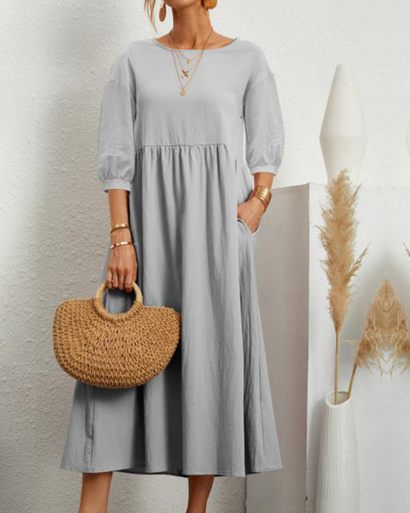 Lässiges Midikleid für Damen mit Puffärmeln und Seitentaschen