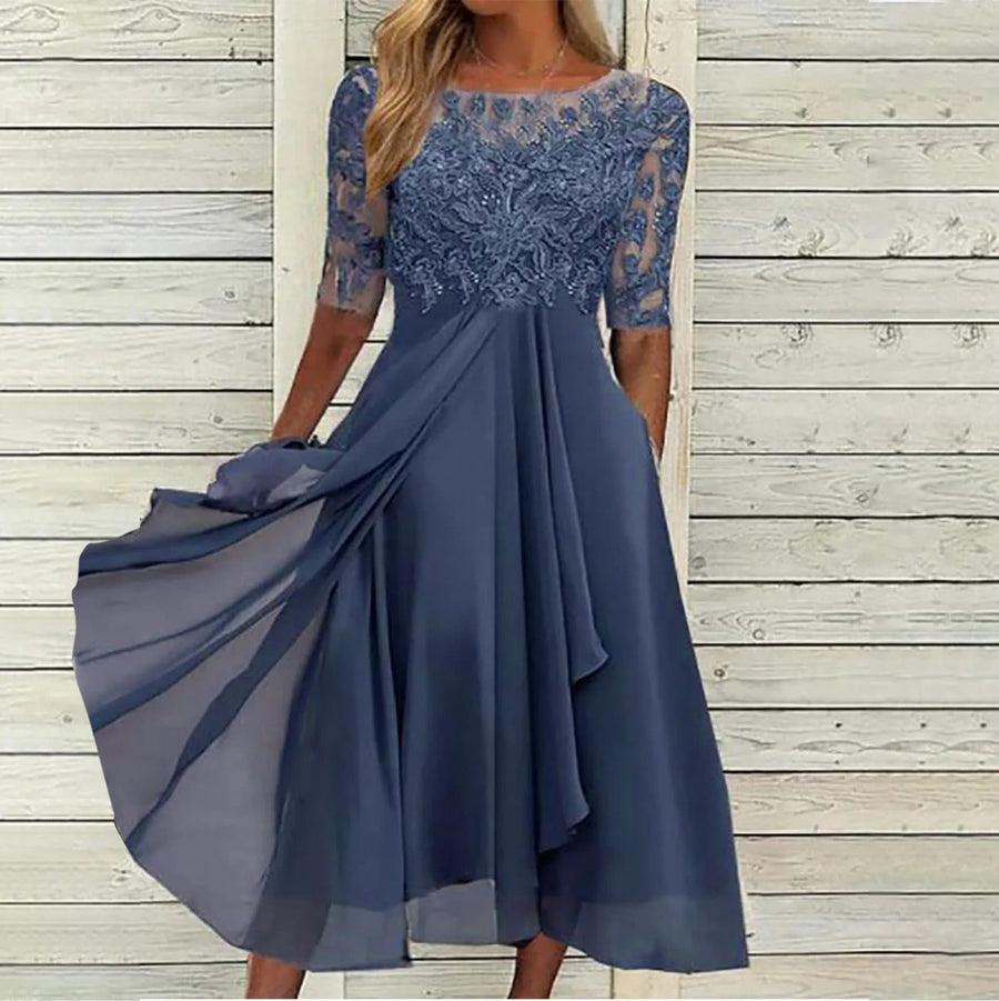 Midikleid aus Spitze mit besticktem Mieder und transparenten Ärmeln für Damen