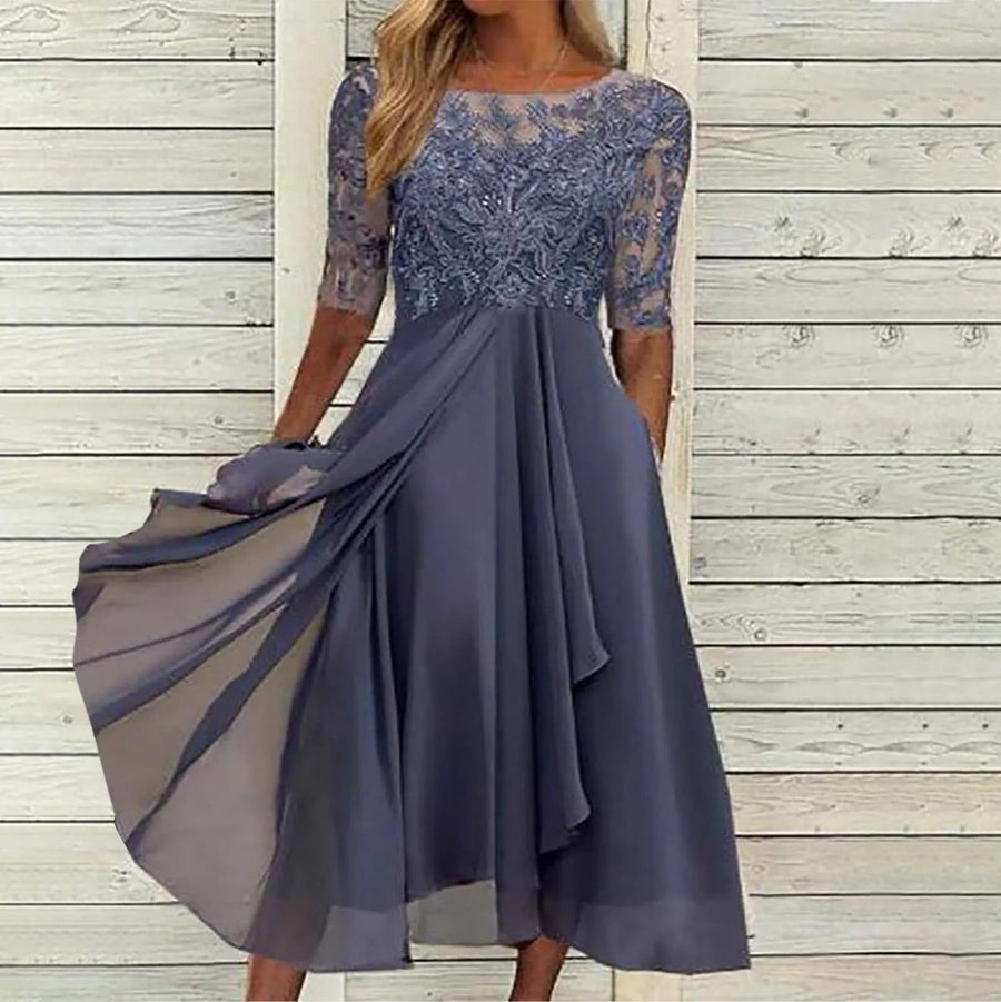 Midikleid aus Spitze mit besticktem Mieder und transparenten Ärmeln für Damen
