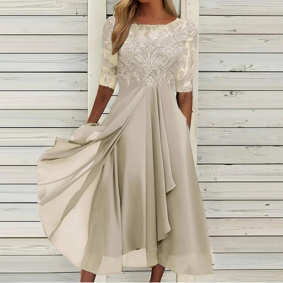 Midikleid aus Spitze mit besticktem Mieder und transparenten Ärmeln für Damen