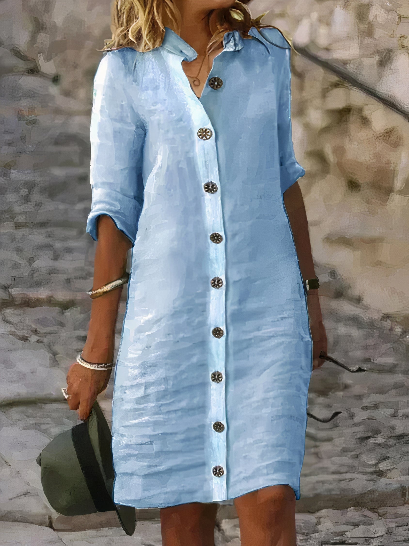 Midikleid mit Knopfleiste, Kragen und 3/4-Ärmeln für Damen
