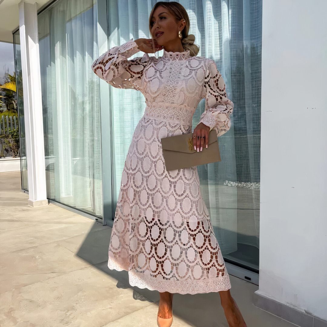 Midi-Kleid aus Spitze für Damen mit langen Ärmeln und Stehkragen