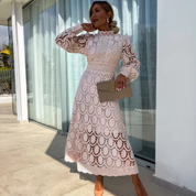 Midi-Kleid aus Spitze für Damen mit langen Ärmeln und Stehkragen