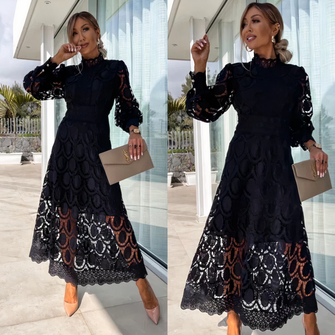 Midi-Kleid aus Spitze für Damen mit langen Ärmeln und Stehkragen
