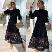Midi-Kleid aus Spitze für Damen mit langen Ärmeln und Stehkragen