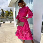 Midi-Kleid aus Spitze für Damen mit langen Ärmeln und Stehkragen