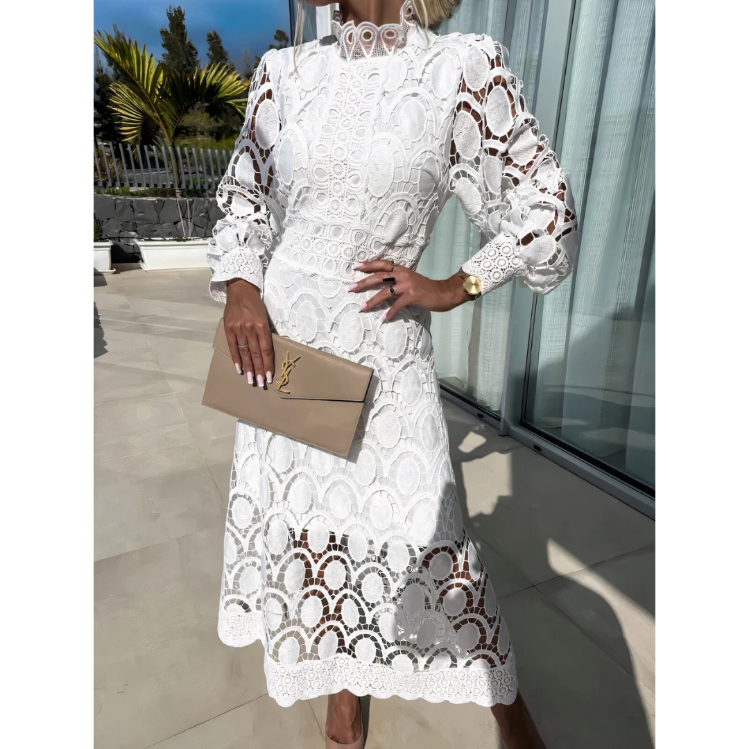 Midi-Kleid aus Spitze für Damen mit langen Ärmeln und Stehkragen