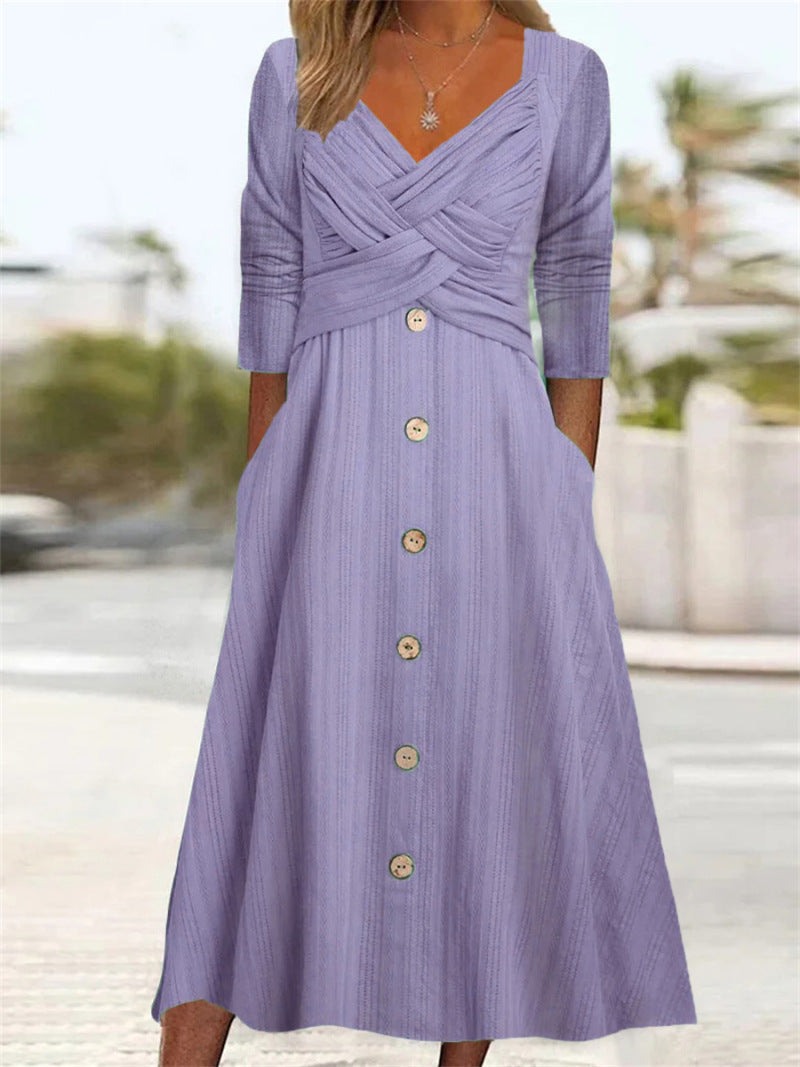 Damen-Midikleid mit 3/4-Ärmeln und Knopfleiste vorne