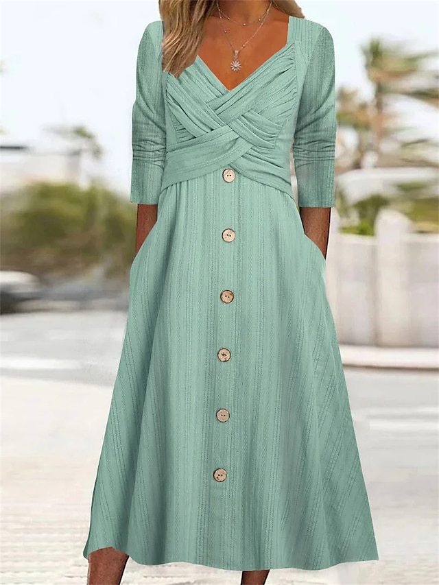 Damen-Midikleid mit 3/4-Ärmeln und Knopfleiste vorne