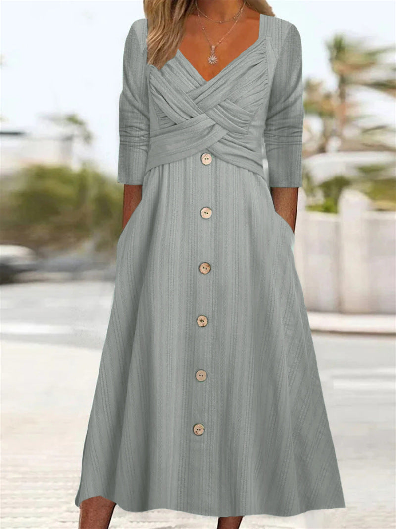 Damen-Midikleid mit 3/4-Ärmeln und Knopfleiste vorne
